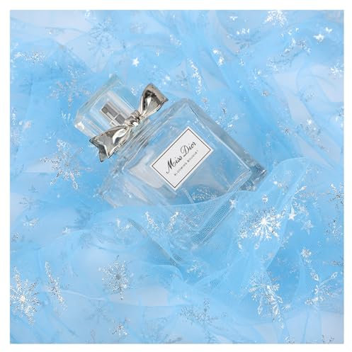 AMateschitz Netzstoff mit Schneeflocken Durchsichtiger Weihnachten Netz Stoff Schneeflocken Druck Tüllstoff Glitzernder Organza Dekostoff für Hochzeit Geburtstag Party Deko KleidDIY Hellblau #1 1Yard