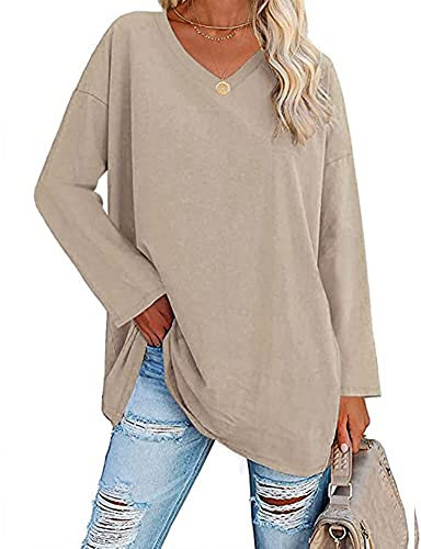 Famulily Women's V Neck Plain T Shirts Long Sleeve Ldies Tops Comfy Cotton Loose Tunic Blouse Tops (XXL, Beige)