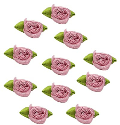 Blausky 100 Stück Künstliche Blumen Rosen Köpfe Satinrosen,Schleifen Rosen mit Blatt,Mini-Stoffrosen Satinröschen Aufnäher,Deko-Rosen Patches zum Basteln Annähen Haarschmuck 3.2x1.8cm,Altrosa