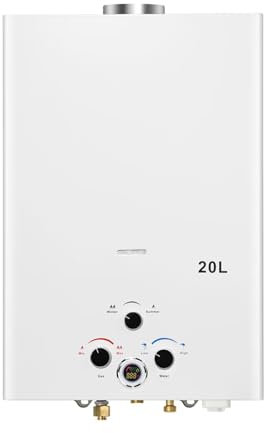 Gas Water Heater 20L Outdoor Instant LPG Water Heater, Tankless Propane Water Eater with Digital Display and Multi-Protection for Camping, Trips, RV, Pet Washing (White, 20L)