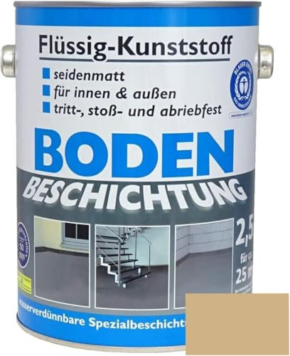Dynamic24 Flüssig Kunststoff 2,5L Bodenbeschichtung 25m² Betonfarbe Beton Beschichtung Boden Estrich Farbe Halle Estrichfarbe Bodenfarbe für innen und außen Keller Terrasse Kellerboden (Beige)
