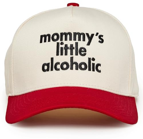 Funky Junque 2-farbige Vintage-Snapback-Hut aus Segeltuch für Damen und Herren, trendige Kappe, verstellbar, Mommy's Little Alcoholic – Rot/Beige, Einheitsgröße