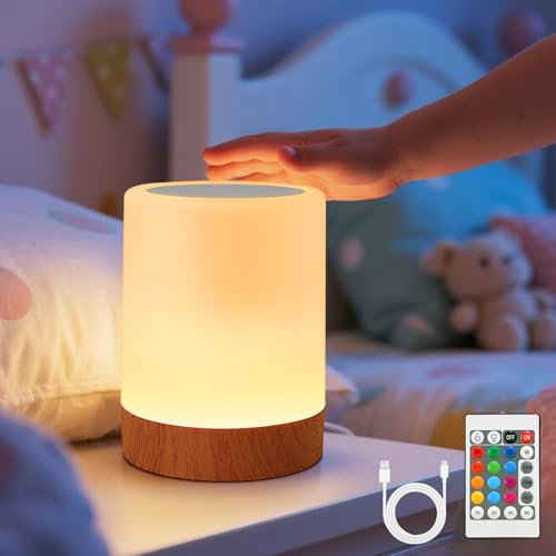 VKH Lampada da comodino LED RGB touch dimmerabile con telecomando, luce notturna USB ricaricabile senza fili, lampada da tavolo portatile per camera e campeggio – Modello Cilindro Alto
