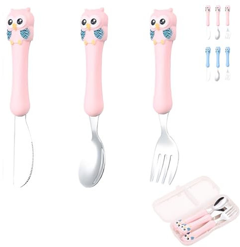 LaresDay Eulen-Kinderbesteck Set mit Aufbewahrungsbox | 3-teilig Edelstahl (Messer/Gabel/Löffel) | Sicherer Griff ab 12 Monate | Lernbesteck für Kindergarten & Baby-led Weaning (Rosa)