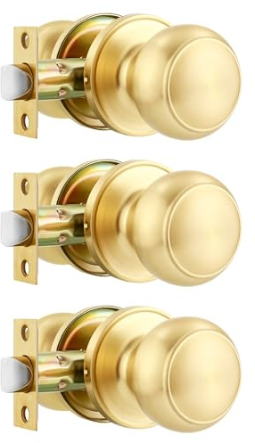 Heittis 3 Pack Gold Door Knob,Closet Door Knobs Passage Handle Keyless Lock for Hallway