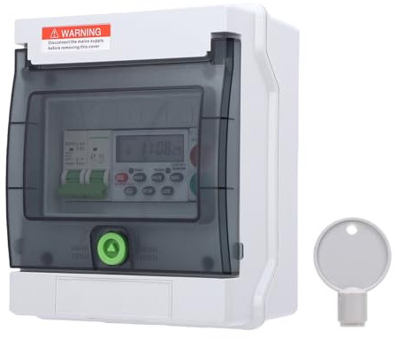 Power Distribution Box, IP65 Water Proof Electrical Circuit Breaker Box 32A 400V Timer Switch Enclosure with Cover Keys for Lights, Pumps, Signage Use
