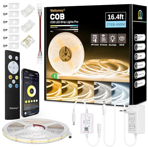 COB LED Streifen 5M, APP Steuerung, LED Streifen Warmweiss Kaltweiß 2700K-6500K, 24V Dimmbar Flexible LED Strip Set mit Fernbedienung und Netzteil,CRI 92 3100LEDs für Wohnzimmer Treppe Küche DIY Deko