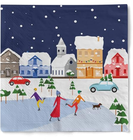 HAPPY PAPER Serviette MERRY MERRY aus 3-lagigem Tissue, 1/4 Falz, 33x33cm, 20 Stück – verschneites Winterdorf mit Eisbahn und Schlittschuhläufern