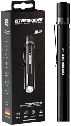 Zweibrüder ZB4P Stiftlampe 400 Lumen, LED Taschenlampe mit Fokus | Kompaktes Aluminiumgehäuse, IP67, USB-C aufladbar, ideal für Handwerk, Outdoor und Notfälle