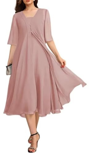 KIYNE Robe de soirée formelle en mousseline de soie pour femme avec vestes et manches, vieux rose, 50 Grande taille