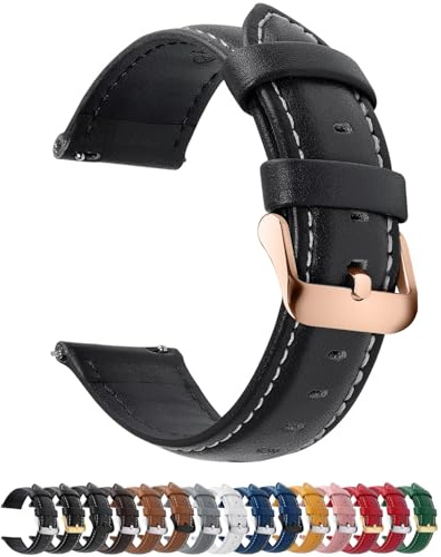 Fullmosa 18mm Bracelet en Cuir Véritable pour Montre Connectée | Bracelet de Remplacement Universel pour Homme et Femme, Noir+boucle or rose,18mm