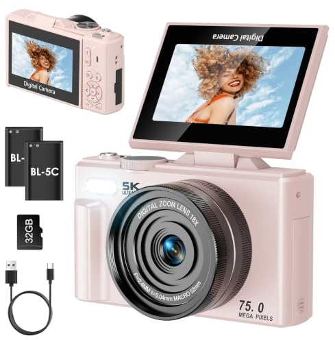 Nsyee 5K Digital Camera, 75MP Autofocus Camera with 18X Zoom, WiFi Transfer | 3 inch 180° Flip Screen, Autofocus, Webcam, Compact Vlogging Camera for Beginners & Teens, for Youtube, 32GB SD Card, Pink