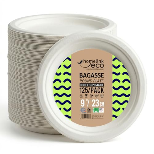 HOMELINK ECO 9 Bagasse Compostable Plates 125 Pack | DIN Home Compostable Certified | PFAS-Free Heavy Duty Sugarcane Disposable Plates | Oil & Cut Resistant | Party, Dessert & Takeaway
