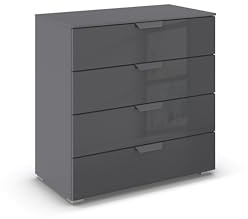 Rauch Möbel ADITIO, Kommode, Farbe Grau metallic/Glas Basalt, Breite 80 cm | Sideboard im modernen Look, 4 Schubladen, Glasfront, Soft-Close-Funktion, für Schlafzimmer, Gästezimmer, Wohnzimmer, Flur
