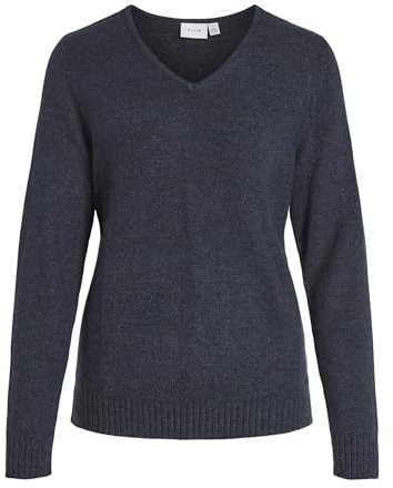 Vila Clothes Viril L/s V-Neck Knit Top-Noos, suéter Mujer, Azul (Total Eclipse Detail:Melange), 42 (Talla del Fabricante: X-Large)