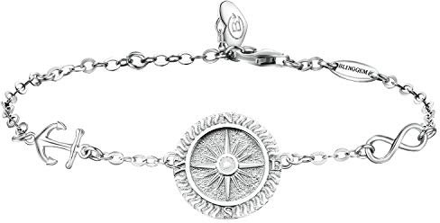 BlingGem Damen Armband aus Wei?gold vergoldet 925 Sterling Silber Bettelarmband Kompass Frauen Kette Einstellbar