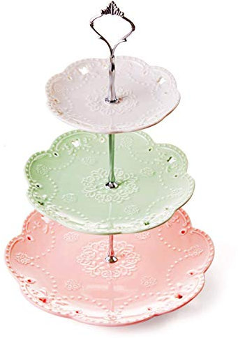 YBK Tech 3 Tier Porcelain Serving Platter Cake Plate Stand Dessert Display Cakes Platter Food Rack - White+ Green+ Pink (Silver Rod)