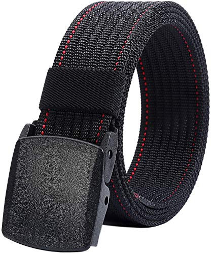 LionVII Herren Nylon Gürtel Tactical Military mit Kunststoffschnalle 130cm(Schwarz mit rot Linie)