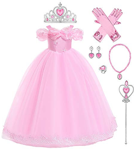 FYMNSI Costume da Cenerentola per bambini, vestito da principessa, per carnevale, cosplay, spalle scoperte, in tulle, maxi abito per Halloween, feste di compleanno, rosa + accessori., 9-10 Anni