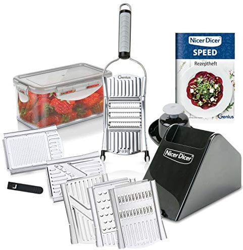 Genius Nicer Dicer Speed Deluxe-Set 13-teilig Handhobel V-Hobel - Verstellbarer Hobel manuell mit V-Klinge aus Edelstahl - Gemüseschneider Gemüsehobel mit Julienne-schneider, Silber