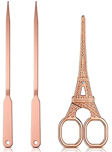 3-teiliges Set aus rotgoldfarbenen Scheren und Brieföffner, enthält 1 Metallumschlagöffner und 2 Eiffelturm-Stickscheren für Büro, Zuhause, Schulbedarf
