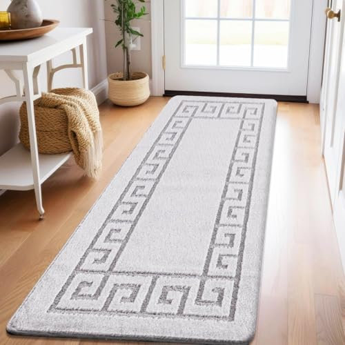 Carpet Runners for Hallways Non Slip Long With Gel Back - Marble Rug Washable Low Pile Rug, Kitchen Runner - Ideal For Living Room, Bedroom, Lounge And Hall |60 x 220 cm - Silver
