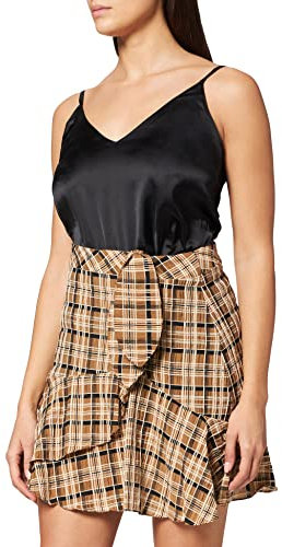 IPEKYOL Womens Belted Detail Plaid Pattern Skirt, Brown, 38
