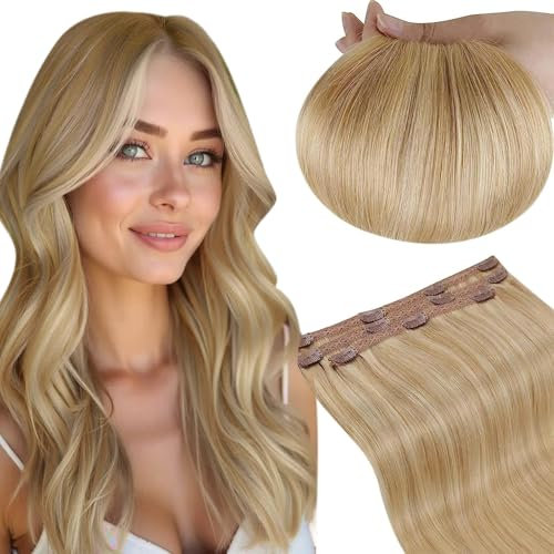 RUNATURE Echthaar Extensions Clip Blond Hervorheben 30cm Kurz Extensions Echthaar Clip Goldblond Mit Hellblond Clip in Extensions Echthaar Glatt Echte Haare 3Pcs 50g #16P24