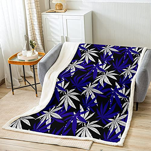 Homewish Cannabis Blätter Bettdecke Weed Dekor Decke für Kinder Kind Teens,Botanische Fleecedecke Dschungelpflanze Fuzzy Decke Tropische Krippe Kinderwagen Dekor 150x200 Blau Weiß