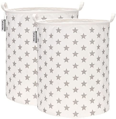 Sea Team 19.7 Inch Large Sized Waterproof Coating Ramie Cotton Fabric Folding Laundry Hamper Bucket Cylindric Burlap Canvas Storage Basket with Stylish Grey Stars Design 2PCS