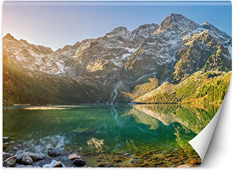 Feeby Fototapete Gipfeln Himmel Berge 200x140 cm Grün XXL Vlies Wandtapete Tapeten Wohnzimmer Schlafzimmer Jugendzimmer Moderne Design Wandbild Wand Dekoration Bäume Natur See