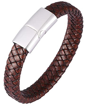 Hoisy Armbänder für Herren, Herren Armband Edelstahl Silber Geflochtenes Lederarmband Im Einfachen Stil Silber Korbgeflecht 16.5CM Edelstahl Armband