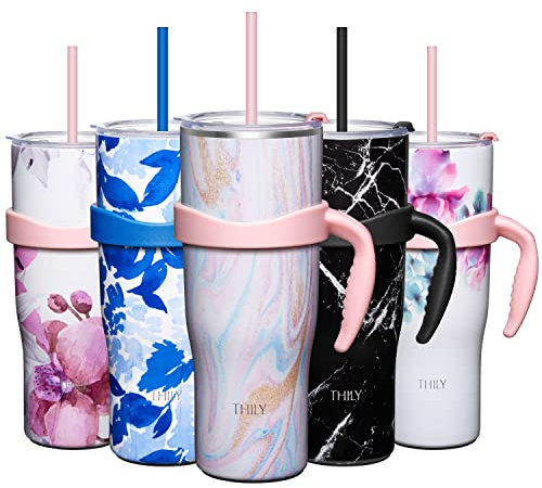 THILY Stainless Steel Vacuum Insulated Tumbler 1180 ml Coffee Travel Mug with Handle and Lids, Sweat Proof, Keep Drinks Cold for 34 Hours or Hot for 12 Hours, Pink Ripple