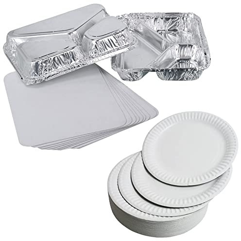 JMS we create smile 150Pcs x 9INCH White Round Large Paper Plates Dinner Party Disposable Plates with 150 pcs x 3 Compartment Foil Trays Lids Plates Food Containers