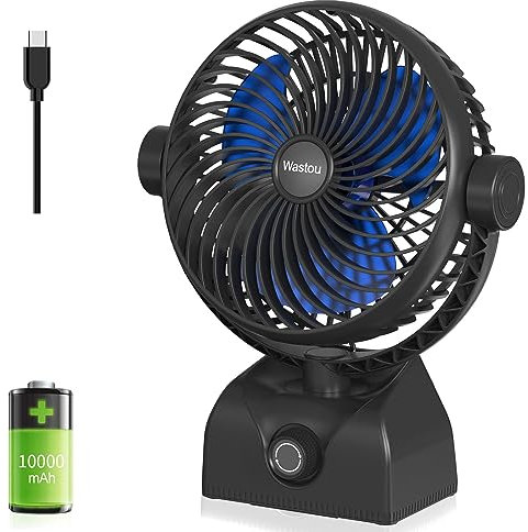 Wastou Ventilatore da Tavolo, Ventilatore da Scrivania Ricaricabile tramite USB, Ventilatore a Torre Portatile con Batteria da 10000mAh, Velocità Regolabile, Testa Girevole per Casa e Ufficio