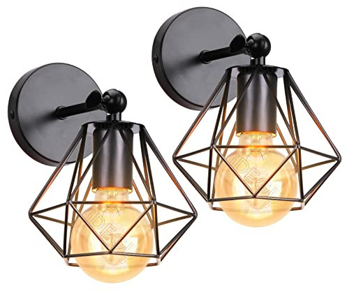 iDEGU 2 Stück Wandleuchten, Vintage Wandlampe Innen im Industrie Design 16cm Käfig Lampenschirm Schwarz aus Metall Verstellbare Deckenleuchte Wandleuchte für Schlafzimmer Küche Flur