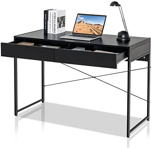 LIFEZEAL Schreibtisch aus Holz, Schreibtisch mit 2 Schubladen, Computertisch, Stahlrahmen, Vintage-Stil, für Studio, Büro, max. Gewicht 116 kg, 112 x 48 x 76 cm (Schwarz)