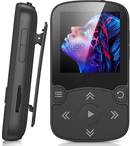 AGPTEK MP3 Player Bluetooth 5.3 Sport 64GB mit 1,5 Zoll TFT Farbbildschirm, Mini Musik Player mit Clip, Unterstützt bis 128GB SD Karte,Schwarz