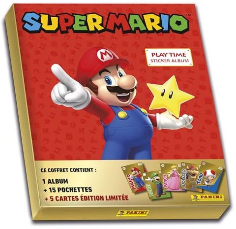 Panini Super Mario Sticker Set mit 1 Album + 15 Hüllen + 5 Karten, limitierte Edition, Gold, 004218MCOUAFGDC