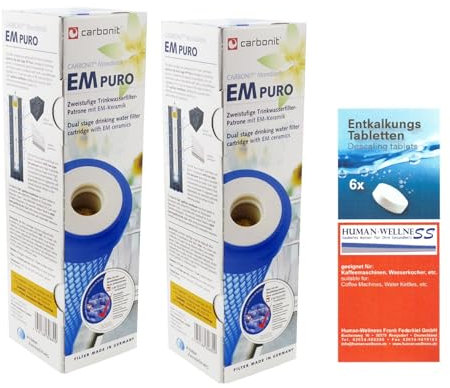2 x Prime Inventions Wasserfilter EM Puro mit EM-Keramik und Mikrofiltration | hoher Durchfluss geeignet für Wasserwirbler | zusätzlich Tabs zur Reinigung und Entkalkung Ihres Filtergerätes