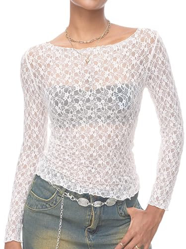 HAWILAND Women Y2K Mesh Sheer Long Sleeve Crop Tops See Through Slim Fit Ruched Blouse T Shirt Music Festival Clubwear White S