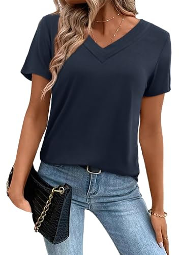 Amoretu Kurzarm T-Shirt Damen Sommer V Ausschnitt Shirts Lose Tunika Tops Marineblau L