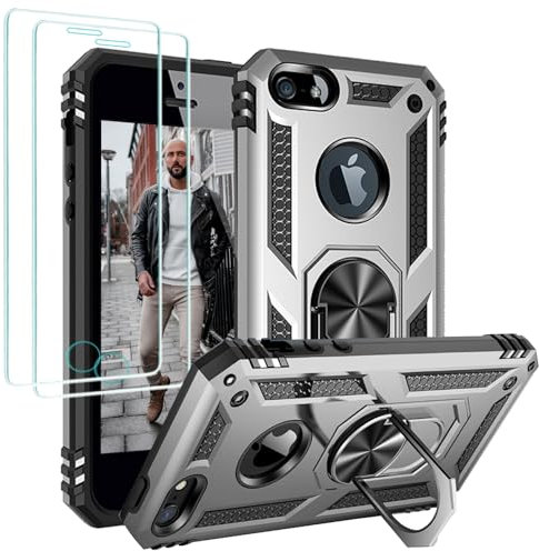 Jeylly for iPhone 5/5S/SE Case, iPhone SE 2016 Case Shock Absorption Drop Protection Rugged Cover with Rotatable Metal Ring Stand [Support Magnetic Car Mount], Sliver/Black