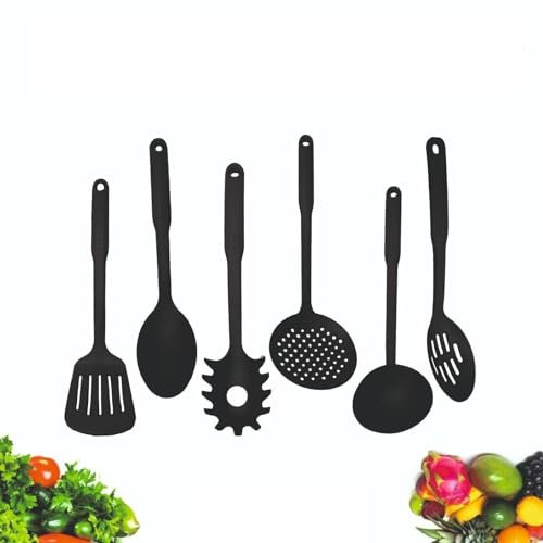 Kitchen Utensils Cooking Set 6 Piece Non-Sticks Heat Resistant BPA Free Plastic Kitchen Tools Spoon Turner Spatula for Food Grade & Dishwasher Safe (Black)
