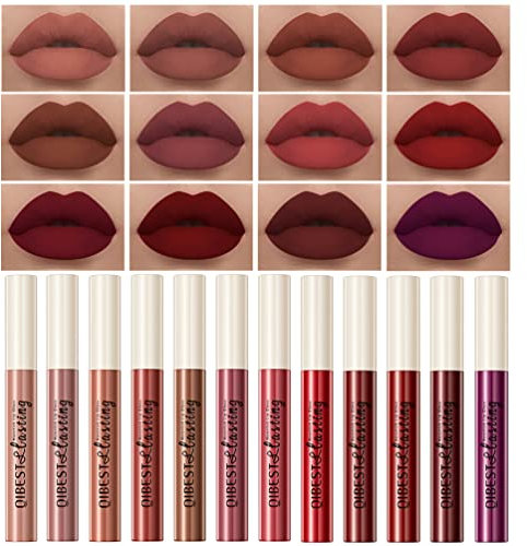 QiBest 12Pcs Matte Liquid Lipstick Set for Girls & Women, 24 Hours Long Lasting Waterproof Nude & Dark Red Lip Gloss Makeup Gift Kits, Velvet Non-Stick Cup Mate Duracion 24 Horas Originales Lip Stains