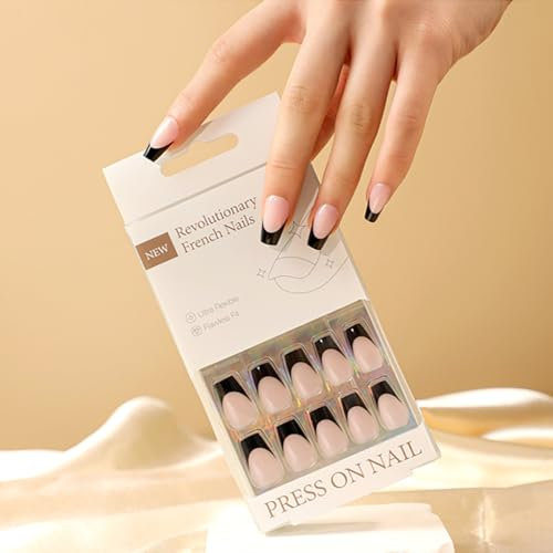 30 PCS Black French Tip Press on Nails Nude False Nails Glossy Medium Fake Nails Full Cover Stick on Nails for Women and Girls Daily Wear