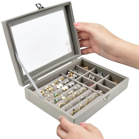 EMAGEREN Schmuckkästchen Schmuckschatulle Schmuckaufbewahrung Damen Frauen Geschenk Schmuckkoffer Schmuckbox Schmuckkasten, Frauen Geschenkidee, Jewelry Organizer für Ringe Ohrringe Armbänder, Grau