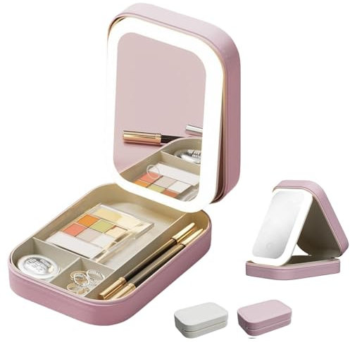 STORICANS Makeup Bag with Mirror, Travel Makeup Organiser Case with LED Mirrors, Portable Cosmetics Bag with 3 Colors Brightness Adjustable Makeup Mirror with Lights Makeup Storage for Women (Pink)