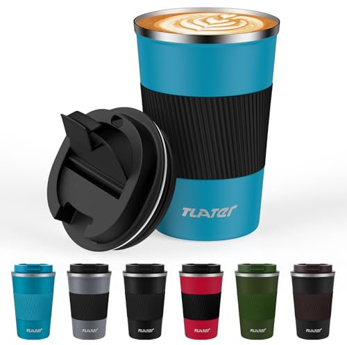 Tlater Kaffeebecher to Go, 13oz/380ml Thermobecher Kaffee to Go mit Deckel - Coffee to Go Becher - Doppelwandiger Vakuum-Edelstahl Kaffeebecher Thermo für Heiß- und Kaltgetränke, Kaffeewasser und Tee
