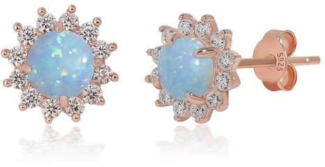 Weiße Feueropal-Ohrringe 4,5 x 4,5 mm – Zarte runde Opal-Ohrstecker Oktober-Geburtsstein – Handgefertigter Hochzeitsschmuck Geschenk für Bräute und Absolventinnen Hellblauer Opal, Roségold